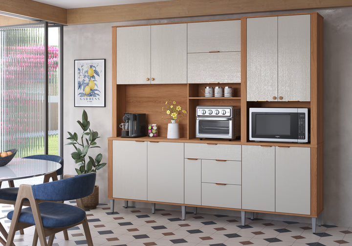 Buffet de cuisine ASTRA / 904311 Dimensions assemblées : 220 cm x 240 cm x 41 cm - Hauteur x Largeur x ProfondeurPoids supporté 80 kg répartis ; Produit MDP/MDF; Peinture sur bois; Tiroirs avec glissières télescopiques; Tiroir avec organiseur de couverts en MDP; Plateau intermédiaire en MDP 25 mm ;