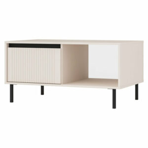 Table basse OSAKA BEIGE Table basse avec deux tiroirs et une étagèreFaçades rainuréesFaçades en panneau Panneau composite de fibres de bois à densité de 16 mm d'épaisseur et en panneau stratifié de 16 mmCorps en panneau stratifié de 16 mmDos en panneau HDF de 2,5 mmPoignée fraisée - encoche sur la partie supérieure de la façade de couleur noireGlissières à billes pour tiroirsBords ABSPieds métalliques hautsCouleur des pieds : noirHauteur: 50 cmLargeur: 100,2 cmProfondeur: 60 cmHauteur des pieds: 15 cmMatériau des pieds: MétalProtection des bords: Bords ABS