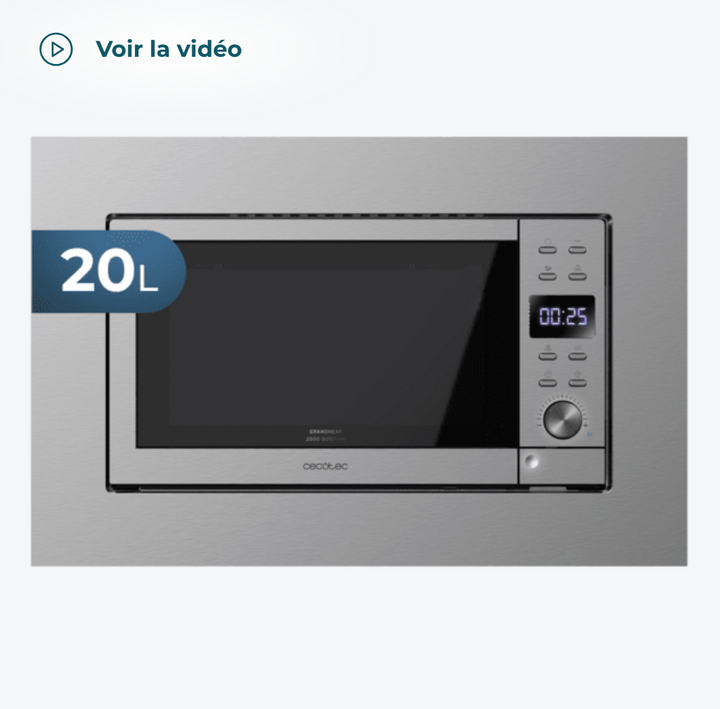 Micro-ondes encastrable GrandHeat 2000 Built-In Steel Black / 1380 Description Micro-ondes encastrable numérique avec 20 L de capacité, gril et 700 W de puissance. Micro-ondes encastrable numérique avec 20 L de capacité. 700 W de puissance sur 6 niveaux. Combinez les fonctions du micro-ondes et du gril. Gril avec 900 W de puissance pour obtenir des résultats de cuisson parfaits, rapidement et facilement. Il possède 9 fonctions préconfigurées pour que vous puissiez cuisiner facilement plusieurs types d'aliments : lait/café, pâtes, viande, pommes de terre, poisson, brochettes et réchauffement automatique. Mode de décongélation qui s'adapte au poids pour permettre aux aliments d'être décongelés rapidement et uniformément, tout en conservant leur texture et leur fraîcheur d'origine. Quick Start : démarrage rapide et à pleine puissance pendant le temps fixé. Démarrage automatique. Programmez-le pour qu'il commence à réchauffer avec un programme déterminé, à une heure fixée. Minuterie jusqu'à 95 minutes. Intérieur avec revêtement en acier inoxydable qui assure un nettoyage facile. Plateau tournant avec 24,4 cm de diamètre. Panneau de contrôle avec des boutons et une commande giratoire. Design élégant en noir. Il s'adapte à toutes les cuisines. Appuyez sur un seul bouton pour ouvrir la porte facilement. Sécurité enfants pour un usage sécurisé. Mesures(longueur x largeur x Haut):interne: 29,5 x 28,5 x 18,1 cm, externe: 44.8 x 32.6 x 27.4 cm et externe avec cadre: 59,5 x 34,2 x 39,1 cm – Image 4