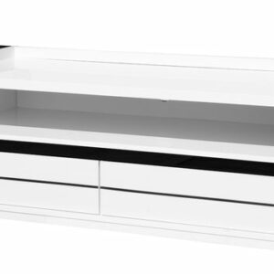 Meuble TV LINN L4-U11400/HG0001-08-B Dimensions : 143x52xH50cm Côtés et plateaux des éléments en panneau de particules mélaminé, décor blanc laqué polyester blanc finition brillante / noir. Façades en panneau de particules mélaminé, décor blanc laqué polyester blanc finition brillante avec sérigraphie noir sur une partie de la façade.