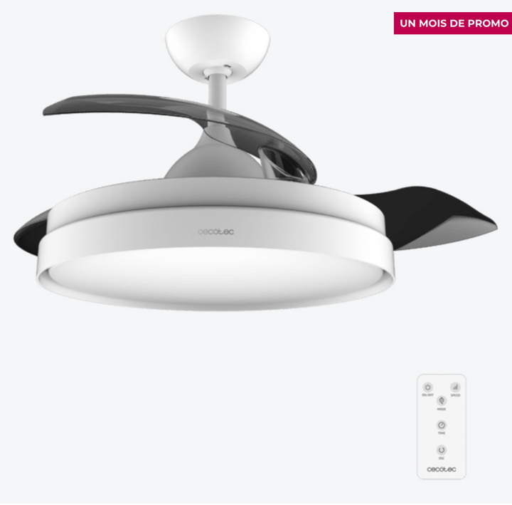 Ventilateur de plafond à 3 pales rétractables / 5992 Ce ventilateur de plafond a été conçu pour créer une unité mixte qui assure un éclairage élégant sans diminuer l'efficacité de la distribution de l'air. Ses pales sont rétractables, ce qui vous permet de les cacher quand vous le souhaitez, contrairement aux autres ventilateurs. Le ventilateur de plafond intègre un plafonnier élégant et minimaliste qui génère une vaste gamme de lumière. Vous pourrez choisir la tonalité parmi ses 3 intensités : chaude, neutre et froide. Grâce à son diamètre de 42 pouces (106 cm) avec les pales dépliées, vous pourrez le placer dans n'importe quelle pièce. Le ventilateur est doté d'un système innovant d'inversion de la rotation qui permet de l'utiliser toute l'année. En été, vous pourrez profiter d'une brise agréable et en hiver, l'air chaud qui s'accumule dans la partie supérieure de la pièce pourra être abaissé. Le meilleur allié de votre chauffage. Grande puissance de 40 W, avec moteur en cuivre au rendement élevé qui augmente le débit d'air et la sensation de fraîcheur avec une fiabilité et une durabilité maximales. Vous pourrez choisir entre ses 6 vitesses de fonctionnement pour adapter l'intensité du débit d'air à vos besoins. Vous pourrez contrôler toutes les fonctions de manière simple et pratique grâce à sa télécommande. Le ventilateur contient une minuterie qui vous permet de sélectionner 1, 2, 4 ou 8 heures de fonctionnement ininterrompu. Une fois le temps sélectionné écoulé, le ventilateur s'arrêtera.