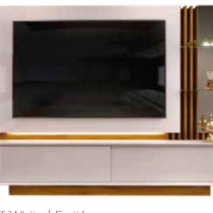 Meuble TV avec panneau mural SALONE / 25935.227 Panneau avec détails en lattes et éclairage à bande LED • Dessus, base et côtés biseautés de 25 mm avec peinture PU • Prend en charge les téléviseurs jusqu'à 75 pouces L 2400 mm H 1950 mm P 455 mm Kg 141,55 NB: la fixation au mur doit se faire par le client.
