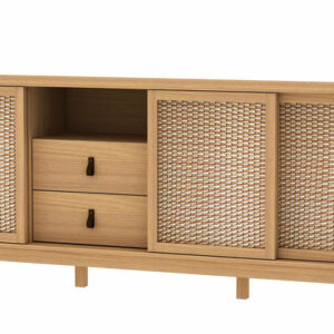 Buffet MALANG Structure en panneau de particules, mdf recouvert de papier couleur oak, avec imitation tressage, piètement en bois et poignées en imitation cuir. Meuble Bas 3 portes + 2 tiroirs (194x40x80cm)