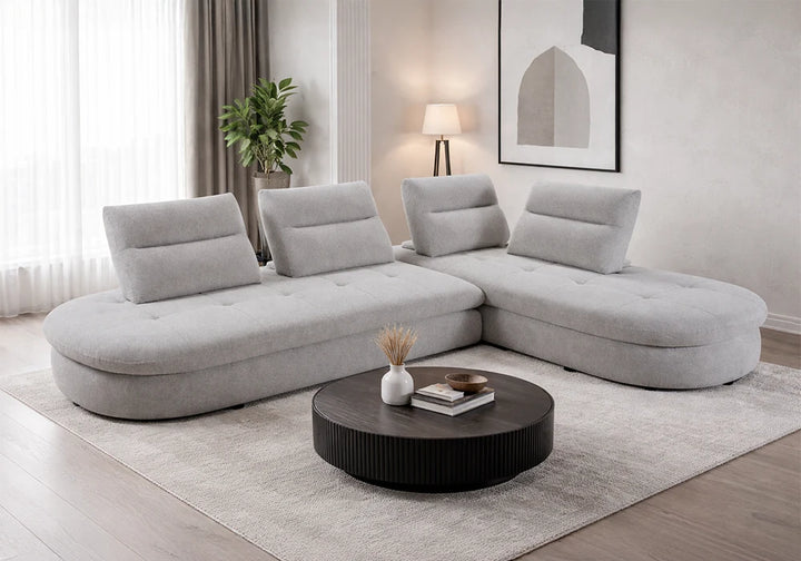 Salon d'Angle ROUND / MB-2520GREY Structure en panneau de particules, assise mousse en polyuréthane recouverte de tissus microfibre coloris gris. Dimensions : 366x223xH90cm LES + PRODUIT: Canapé d'angle design à formes arrondies Revêtement en tissu gris ou beige doux et élégant Dossiers indépendants pour un confort personnalisé Assise large et accueillante Style contemporain et minimaliste Idéal pour un salon moderne et lumineux Le choix parfait pour ceux qui recherchent un canapé design, confortable et tendance