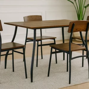 Table à Manger avec 4 Chaises / LY-N1422 Structure en panneau de particules et MDF coloris chêne, piétement en métal noir. Dimensions de la table : 110x80xH75cm Dimensions des chaises : 40x45xH82cm