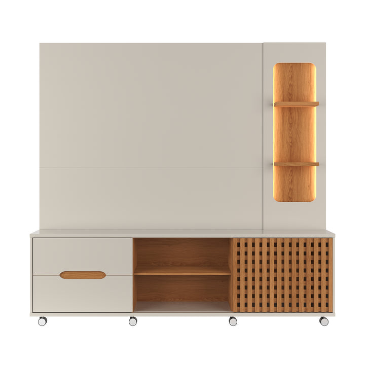 Meuble TV BRISE / 904275 Dimensions: Hauteur : 198 cm Largeur : 207 cm Profondeur : 38,40 cm Matériaux et structure : Espace pour téléviseur jusqu'à 70 pouces Plateaux et étagères en MDP/MDF de 25 mm, garantissant résistance et durabilité Lumières LED intégrées dans la niche latérale pour un effet moderne 3 étagères 2 tiroirs avec glissières télescopiques et espaces de rangement intérieurs 1 Porte coulissante, modèle à lattes Roulettes chromées – Image 6