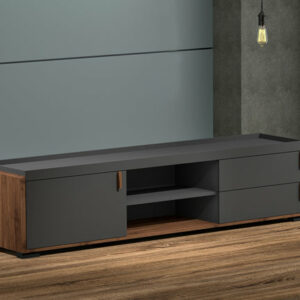 Meuble TV 1 Porte 2 Tiroirs COLUMBIA / BR3 TV313MP-CLB/DG Structure en panneau de particules mélaminé recouverte de papier décor noyer /anthracite. Dimensions : 180x40xH43cm