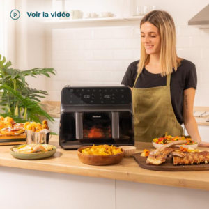 Airfryer Advance 9000 Window d'une capacité de 9 L / 4986 Cuisiner avec peu d'huile : friteuse diététique qui permet de cuisiner avec très peu d'huile, vaporiser un peu et obtenir des recettes plus saines, mais tout aussi savoureuses. Bac de 9 L : contient un bac de 9 L avec une cloison mobile permettant d'accueillir 2 bacs de 4,5 L. Cuisinez deux plats : friteuse diététique avec double panier et double température pour cuisiner deux plats différents en même temps. Grande puissance : 2200 W de puissance pour cuisiner rapidement tous les plats. Contrôlez vos préparations : il dispose d'une fenêtre qui s'éclaire pendant la cuisson des aliments pour pouvoir contrôler les préparations sans avoir à ouvrir le seau. Composez la température : vous pouvez régler la température de 80°C à 200°C. Cuisson facile : il dispose de 8 menus préconfigurés qui établissent le temps et la température nécessaires pour cuire différents types d'aliments. Écran tactile multifonction : design moderne et compact avec un panneau de commande tactile multifonction pour contrôler le fonctionnement.