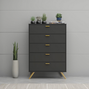 Commode SCANDI / LV19 COD1923MP-DG Structure en panneau de particules mélaminé recouverte de papier décor anthracite / noyer. Dimensions : 80x40xH117cm