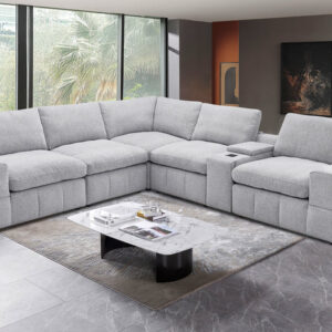 Salon d'Angle Modulable MIOVY / MB-2538 Structure en panneau de particules, assise mousse en polyuréthane recouverte de tissus microfibre gris. Dimensions : 320x288xH83cm LES + PRODUIT: Design moderne et élégant Grande capacité d'assise Configuration d'angle spacieuse Salon modulable selon l'espace Assises confortables et profondes Dossiers bien maintenus Console centrale intégrée Accoudoirs larges et confortables Tissu résistant, usage quotidien Structure stable et durable Idéal pour salon familial et convivialité