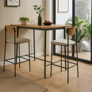 Table bar Pretty / LY-N1423 Uniquement la table haute les chaises sont également disponible (Tabouret de Bar Castile) Structure en panneau de particules et MDF coloris chêne, piétement en métal noir. Dimensions : 115x65xH108cm