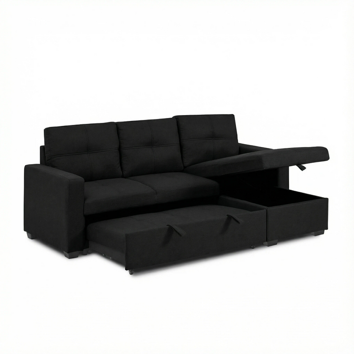 Canapé convertible réversible noir/ T-1247B Structure en panneau de particules, assise mousse en polyuréthane recouverte de tissu microfibre Dimensions : 214x133-77xH83cm. LES + PRODUITS : Convertible en lit Grand coffre de rangement Réversible droite et gauche – Image 3