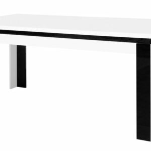 Table à manger LINN L4-U11400/HG0001-05-B Dimensions (L x p x h) 180x90x78 cm Côtés et plateaux des éléments en panneau de particules mélaminé décor blanc laqué polyester blanc finition brillante / noir. Façades en panneau de particules mélaminé décor blanc laqué polyester blanc finition brillante avec sérigraphie noir sur une partie de la façade.