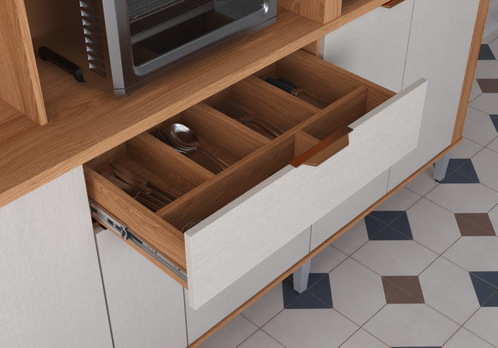 Buffet de cuisine ASTRA / 904311 Dimensions assemblées : 220 cm x 240 cm x 41 cm - Hauteur x Largeur x ProfondeurPoids supporté 80 kg répartis ; Produit MDP/MDF; Peinture sur bois; Tiroirs avec glissières télescopiques; Tiroir avec organiseur de couverts en MDP; Plateau intermédiaire en MDP 25 mm ; – Image 5