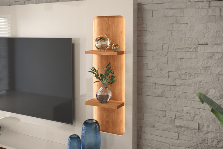 Meuble TV BRISE / 904275 Dimensions: Hauteur : 198 cm Largeur : 207 cm Profondeur : 38,40 cm Matériaux et structure : Espace pour téléviseur jusqu'à 70 pouces Plateaux et étagères en MDP/MDF de 25 mm, garantissant résistance et durabilité Lumières LED intégrées dans la niche latérale pour un effet moderne 3 étagères 2 tiroirs avec glissières télescopiques et espaces de rangement intérieurs 1 Porte coulissante, modèle à lattes Roulettes chromées – Image 4