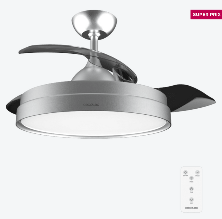 Ventilateur de plafond à 3 pales rétractables / 5994 Ce ventilateur de plafond a été conçu pour créer une unité mixte qui assure un éclairage élégant sans diminuer l'efficacité de la distribution de l'air. Ses pales sont rétractables, ce qui vous permet de les cacher quand vous le souhaitez, contrairement aux autres ventilateurs. Le ventilateur de plafond intègre un plafonnier élégant et minimaliste qui génère une vaste gamme de lumière. Vous pourrez choisir la tonalité parmi ses 3 intensités : chaude, neutre et froide. Grâce à son diamètre de 42 pouces (106 cm) avec les pales dépliées, vous pourrez le placer dans n'importe quelle pièce. Le ventilateur est doté d'un système innovant d'inversion de la rotation qui permet de l'utiliser toute l'année. En été, vous pourrez profiter d'une brise agréable et en hiver, l'air chaud qui s'accumule dans la partie supérieure de la pièce pourra être abaissé. Le meilleur allié de votre chauffage. Grande puissance de 40 W, avec moteur en cuivre au rendement élevé qui augmente le débit d'air et la sensation de fraîcheur avec une fiabilité et une durabilité maximales. Vous pourrez choisir entre ses 6 vitesses de fonctionnement pour adapter l'intensité du débit d'air à vos besoins. Vous pourrez contrôler toutes les fonctions de manière simple et pratique grâce à sa télécommande. Le ventilateur contient une minuterie qui vous permet de sélectionner 1, 2, 4 ou 8 heures de fonctionnement ininterrompu. Une fois le temps sélectionné écoulé, le ventilateur s'arrêtera.