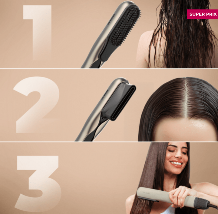 Lisseur séchant avec 2 accessoires : brosse et embout concentrateur / A01_EU01_100158 Lisseur séchant avec 2 accessoires : brosse et embout concentrateur. 106 000 tr/min avec moteur numérique de haute technologie. Séchez et lissez vos cheveux avec ce lisseur séchant qui vous fera gagner du temps. Séchez et lissez vos cheveux avec un seul produit. Ce lisseur séchant est un produit révolutionnaire qui combine les avantages d'un sèche-cheveux et d'un lisseur. Vous pourrez maintenant sécher et lisser vos cheveux humides en même temps, grâce à la puissance de l'air et aux plaques chauffantes. Deux accessoires magnétiques inclus. Cet appareil polyvalent est équipé de deux accessoires magnétiques : une brosse pour lisser les cheveux en douceur pendant le séchage et un embout concentrateur pour éliminer l'humidité des cheveux. Séchage rapide et efficace. Moteur de 106 000 tr/min qui fournit une puissance de 27,78 L/s, ce qui permet d'améliorer l'efficacité du séchage en accélérant l'évaporation de l'humidité. Élimination des frisottis. Ce lisseur est équipé d'une fonction Plasma qui émet 3 millions d'ions négatifs et positifs. Cela permet de réduire les frisottis, d'augmenter la brillance, de protéger les cheveux contre les dommages, d'éliminer l'électricité statique et d'améliorer l'efficacité du lissage, pour des cheveux sains et éclatants. Capteur de détection de verrouillage des plaques. Lorsque vous fermez les plaques, la puissance de l'air augmente automatiquement, ce qui permet un séchage et un lissage plus efficaces. Ce capteur intelligent garantit des résultats rapides et efficaces. Gagnez du temps au quotidien. Simplifiez votre routine avec ce lisseur qui permet de sécher et de lisser vos cheveux en un seul passage. Oubliez les appareils multiples et gagnez du temps chaque jour. Rainure d'air à haute pression. Ce lisseur possède une très fine rainure par laquelle l'air sort à une pression plus élevée. Cela permet un séchage plus rapide et plus précis, garantissant un séchage uniforme et efficace des cheveux. Capteur d'inactivité/veille. Pour plus de sécurité, ce lisseur séchant est doté d'un capteur qui détecte si vous l'avez laissé inactif sur une surface et l'éteint complètement. Ainsi, vous n'aurez pas à vous soucier de rien. Personnalisez votre lissage. Réglez la température des plaques chauffantes avec 3 températures jusqu'à 150 ºC. Choisissez la température qui convient le mieux à votre type de cheveux et au style que vous souhaitez obtenir. Fixez votre coiffure. Prolongez la durée de votre coiffure grâce à la fonction d'air froid, qui permet de la fixer et d'obtenir une finition professionnelle de longue durée. Ainsi, votre style restera intact tout au long de la journée. – Image 3